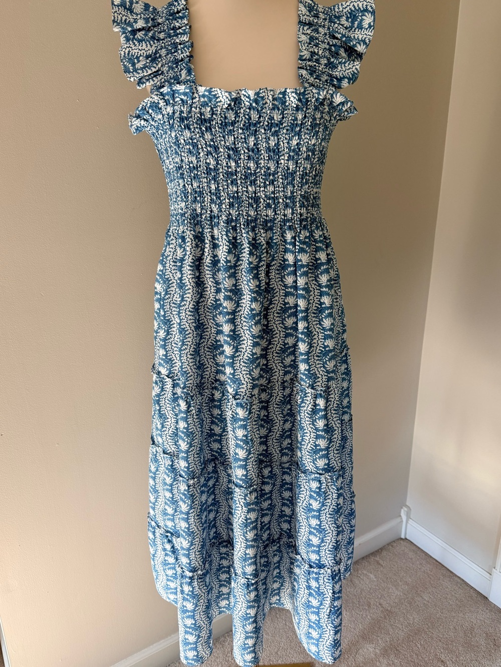 Hill House Home The Nap Dress XL Blue White Floral Smocked Tiered Midi Dress